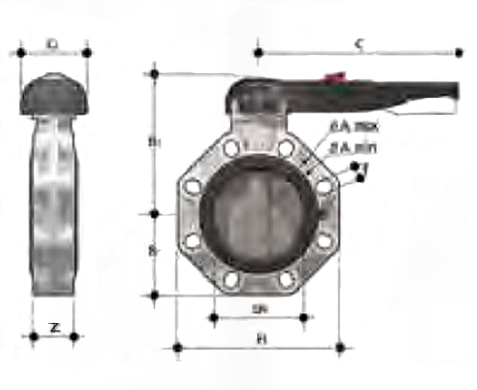 Чертёж Дисковый затвор с рукояткой PVDF PN16 50 мм 1” 1/2