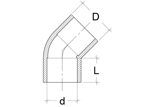Чертёж Отвод 45° клеевой ПВХ (PVC-U) 50 мм