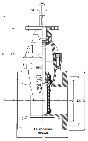 Чертёж Задвижка AVK 15/40-42 клиновая фланцевая с электроприводом короткая 50 мм