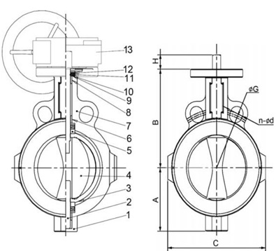 Чертёж Дисковый поворотный затвор Tecflon PTFE 4449R-08 PN10/16 250 мм межфланцевый футерованный с редуктором